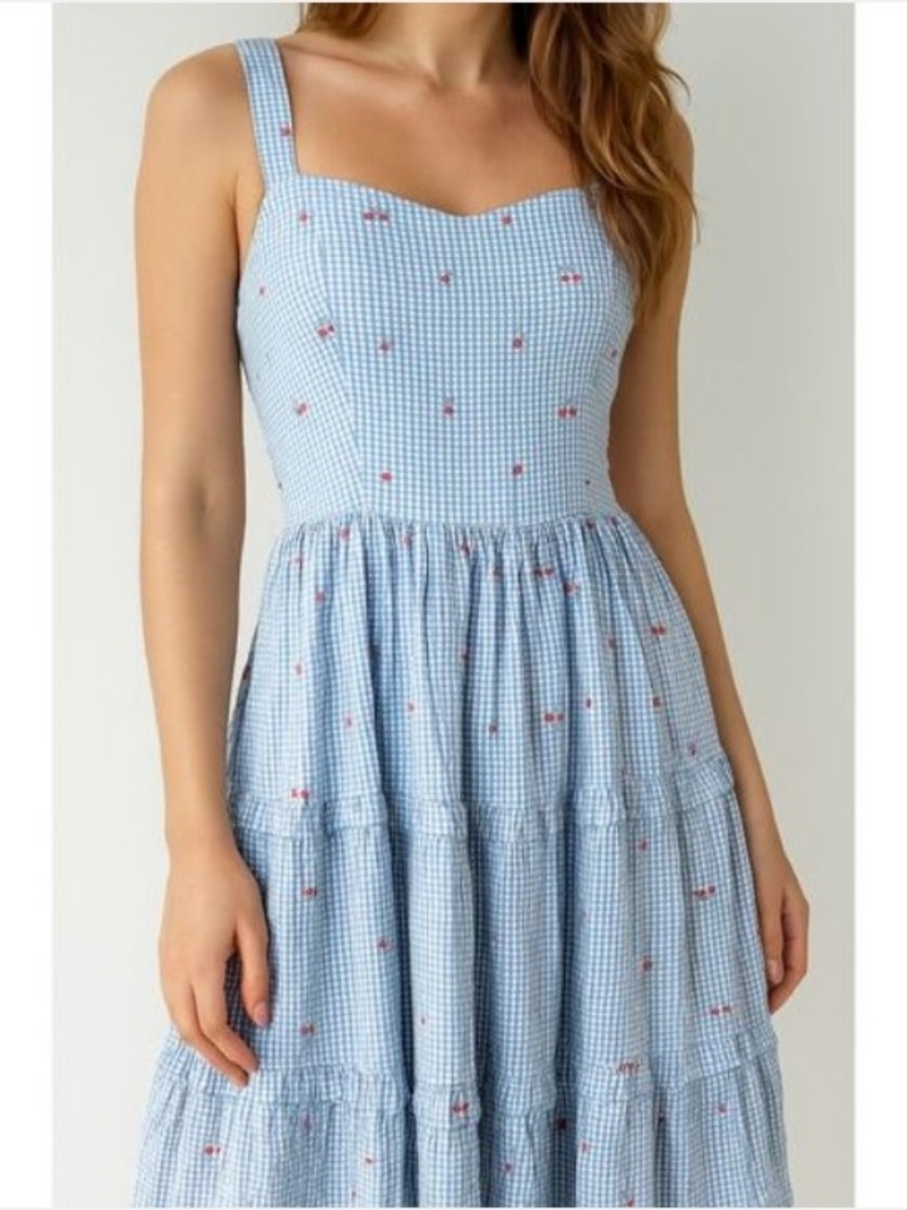 Japna Smocked Blue White Gingham Cherry Tiered Midi Dress Cottagecore Prairie S
